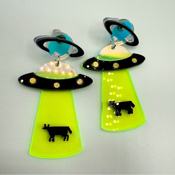 Little Studs Jewelry - Alien Cow Spaceship Earrings - Neon Green and Black - Pierced